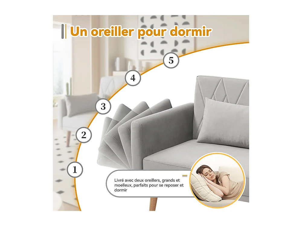 Canapé convertible droit deux places avec fonction couchage canapé-lit en velours gris clair