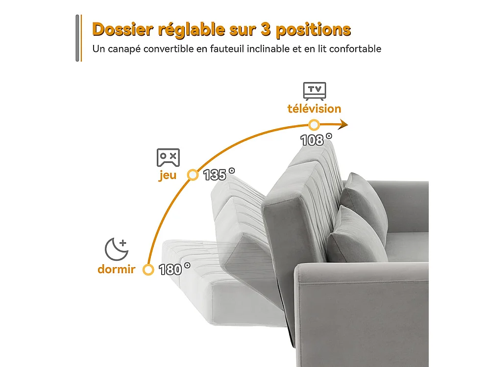 Canapé convertible droit deux places avec fonction couchage canapé-lit en velours gris clair