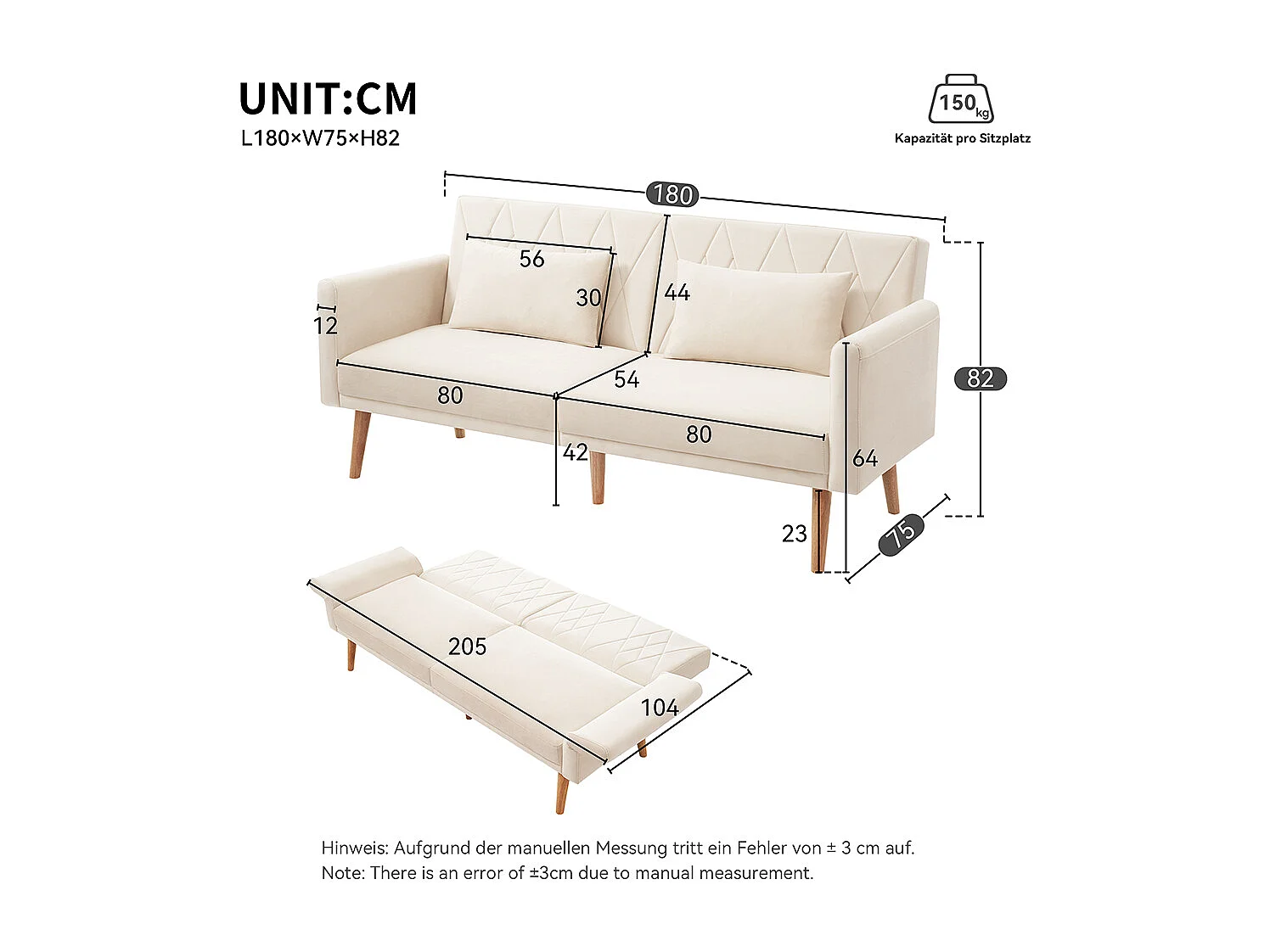 Canapé convertible droit deux places avec fonction couchage canapé-lit en velours beige