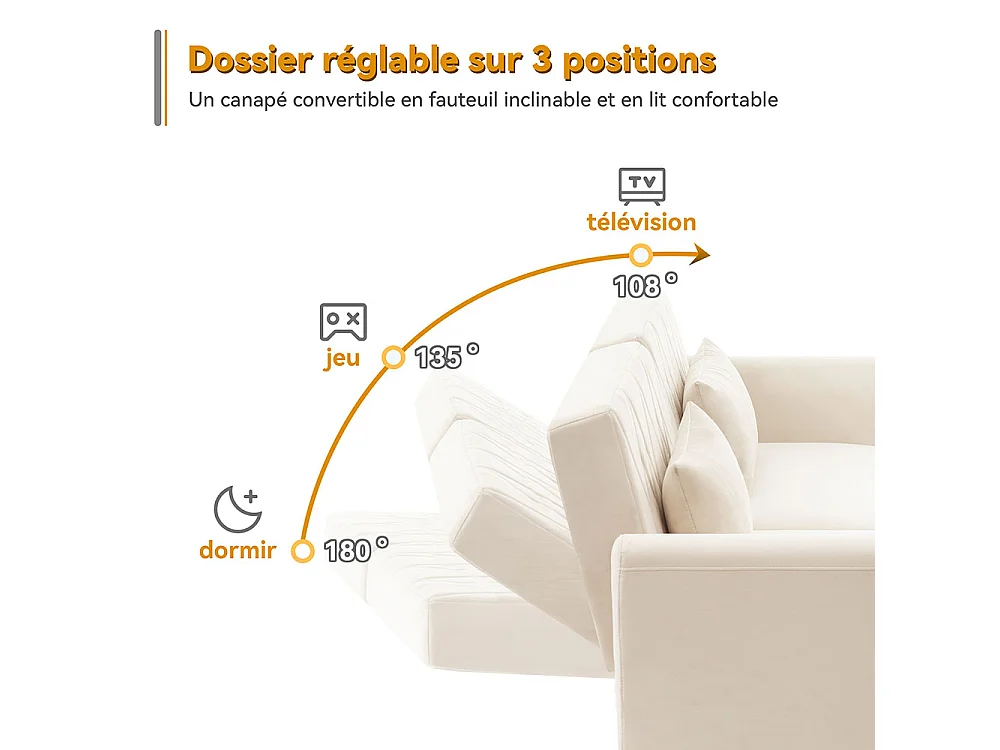 Canapé convertible droit deux places avec fonction couchage canapé-lit en velours beige