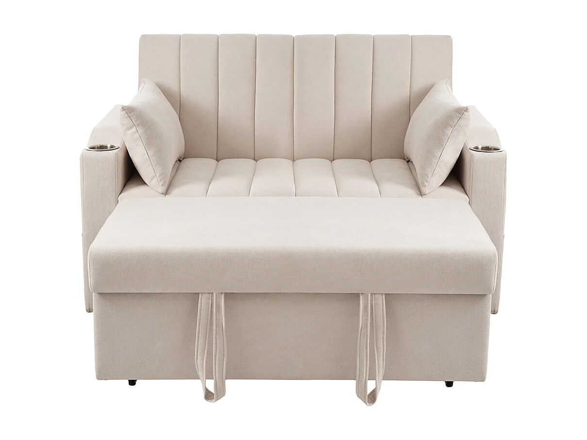 Canapé convertible 2 places avec fonction couchage avec dossier réglable avec porte-gobelets et coussins beige
