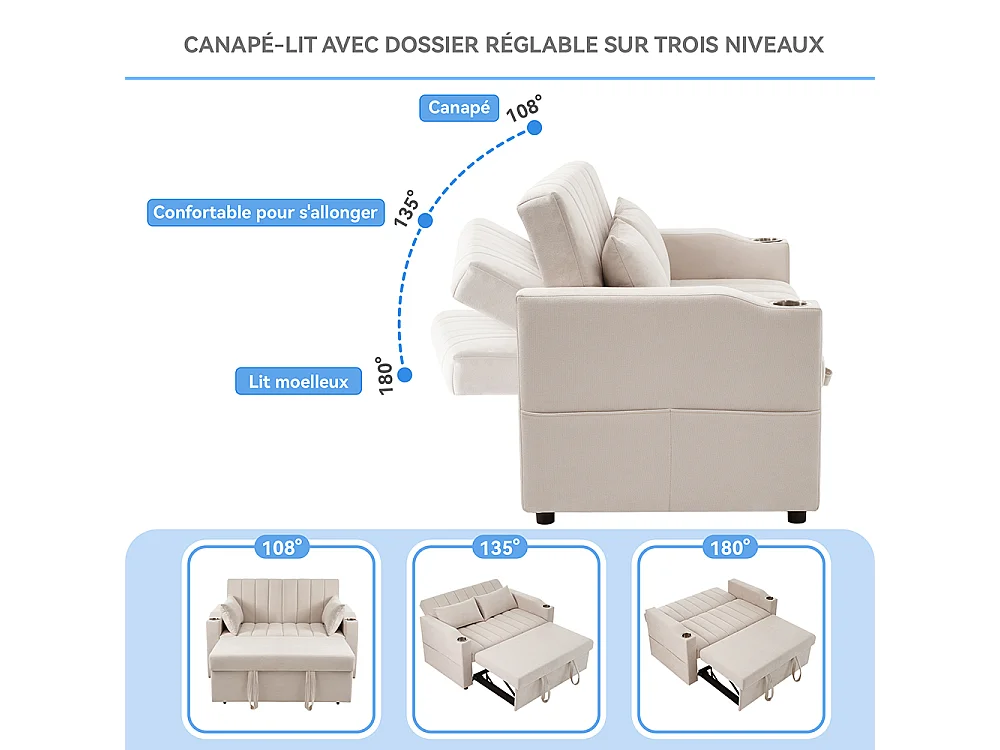 Canapé convertible 2 places avec fonction couchage avec dossier réglable avec porte-gobelets et coussins beige