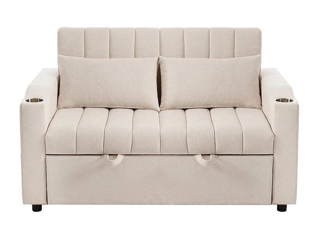 Canapé convertible 2 places avec fonction couchage avec dossier réglable avec porte-gobelets et coussins beige