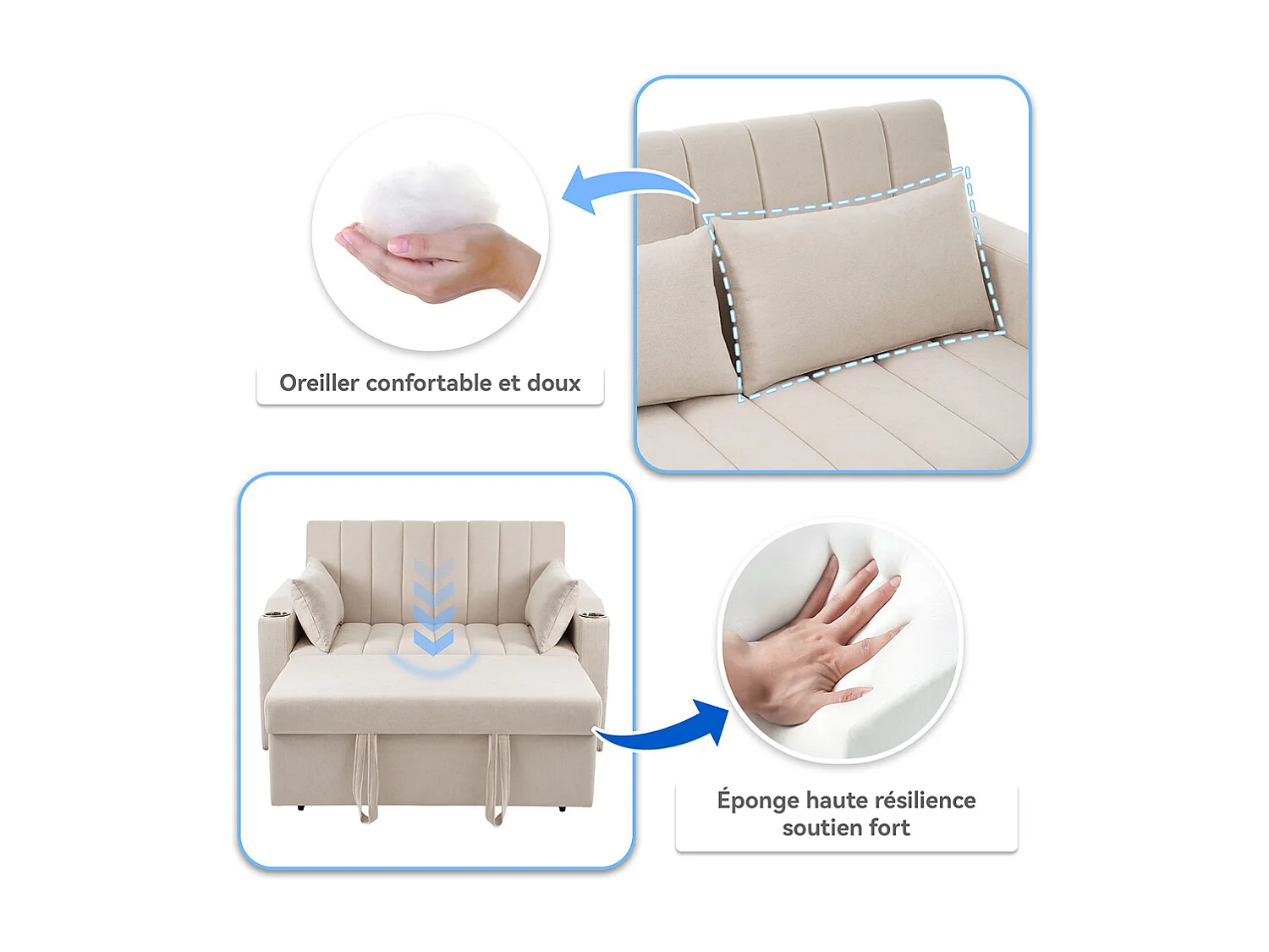 Canapé convertible 2 places avec fonction couchage avec dossier réglable avec porte-gobelets et coussins beige