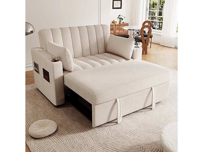 Canapé convertible 2 places avec fonction couchage avec dossier réglable avec porte-gobelets et coussins beige