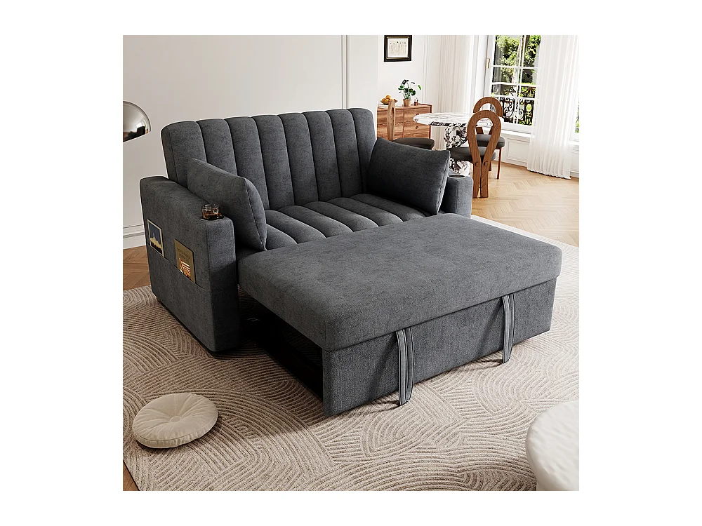 Canapé convertible 2 places avec fonction couchage avec dossier réglable avec porte-gobelets et coussins gris