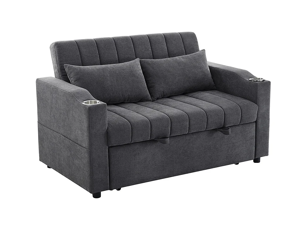 Canapé convertible 2 places avec fonction couchage avec dossier réglable avec porte-gobelets et coussins gris