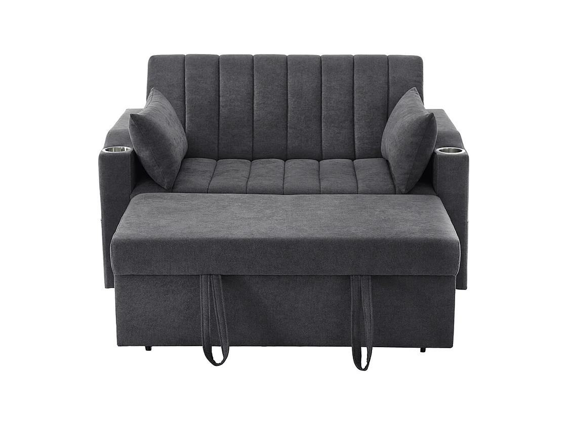 Canapé convertible 2 places avec fonction couchage avec dossier réglable avec porte-gobelets et coussins gris