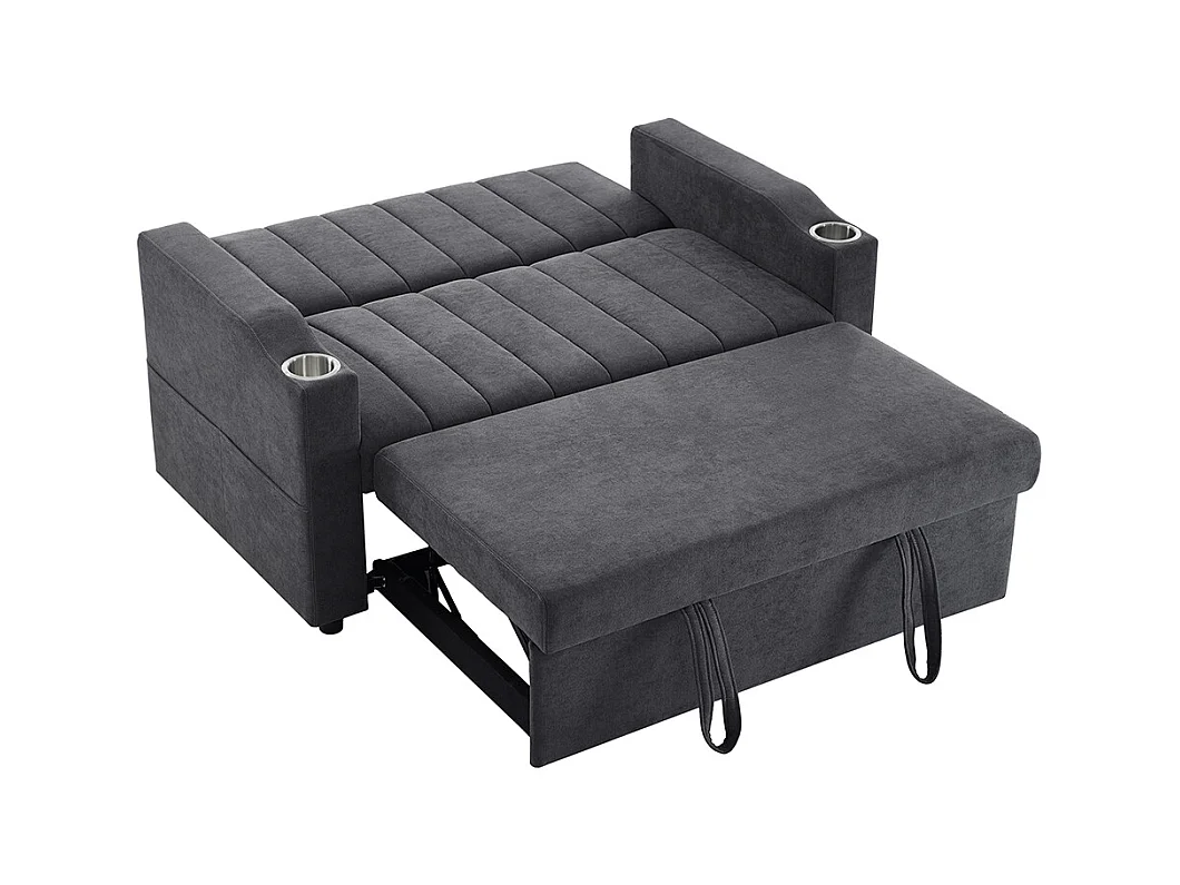 Canapé convertible 2 places avec fonction couchage avec dossier réglable avec porte-gobelets et coussins gris