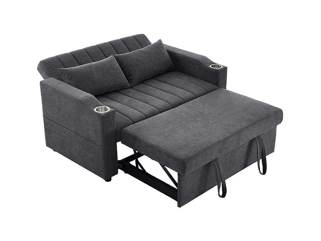 Canapé convertible 2 places avec fonction couchage avec dossier réglable avec porte-gobelets et coussins gris