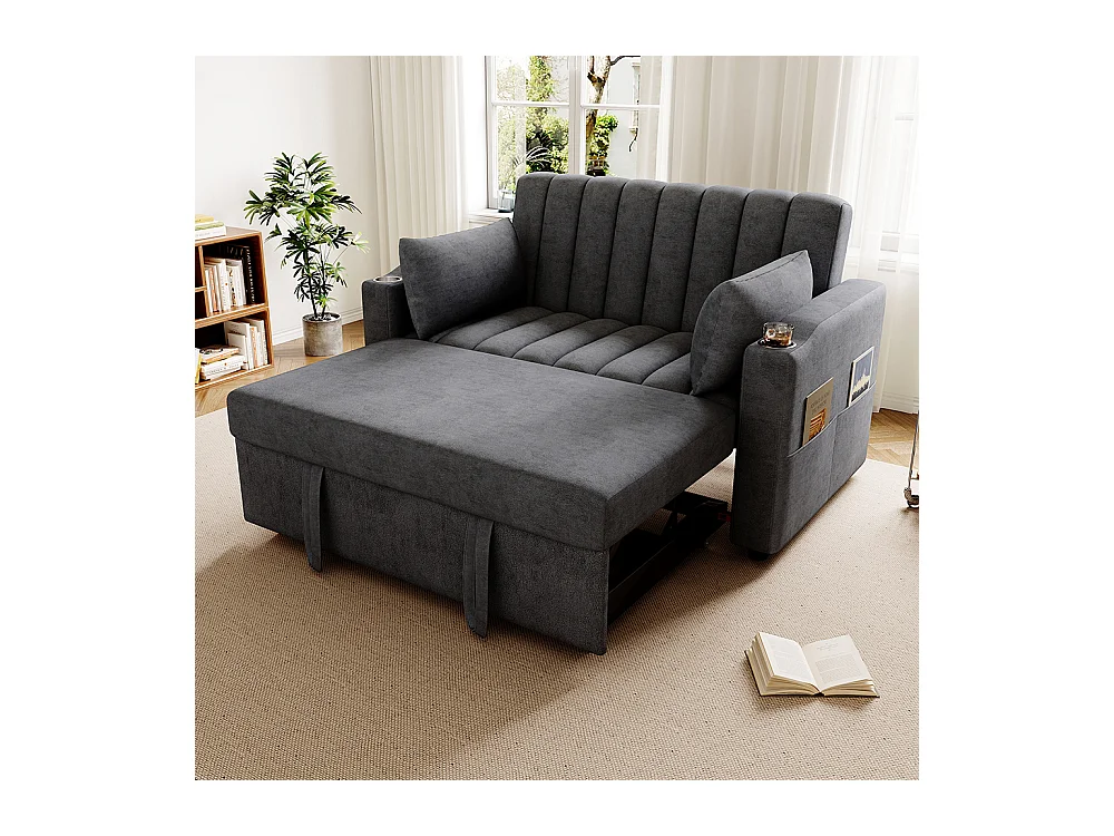 Canapé convertible 2 places avec fonction couchage avec dossier réglable avec porte-gobelets et coussins gris