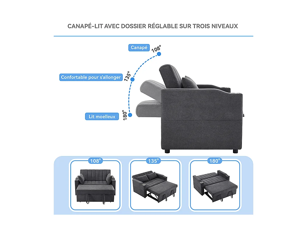 Canapé convertible 2 places avec fonction couchage avec dossier réglable avec porte-gobelets et coussins gris