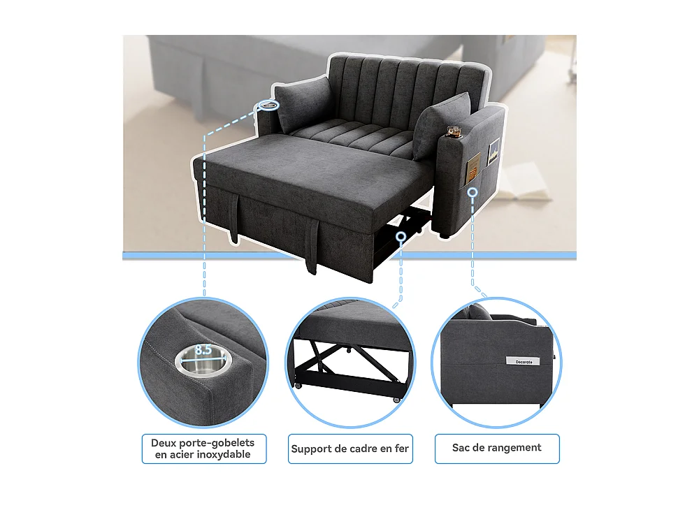 Canapé convertible 2 places avec fonction couchage avec dossier réglable avec porte-gobelets et coussins gris