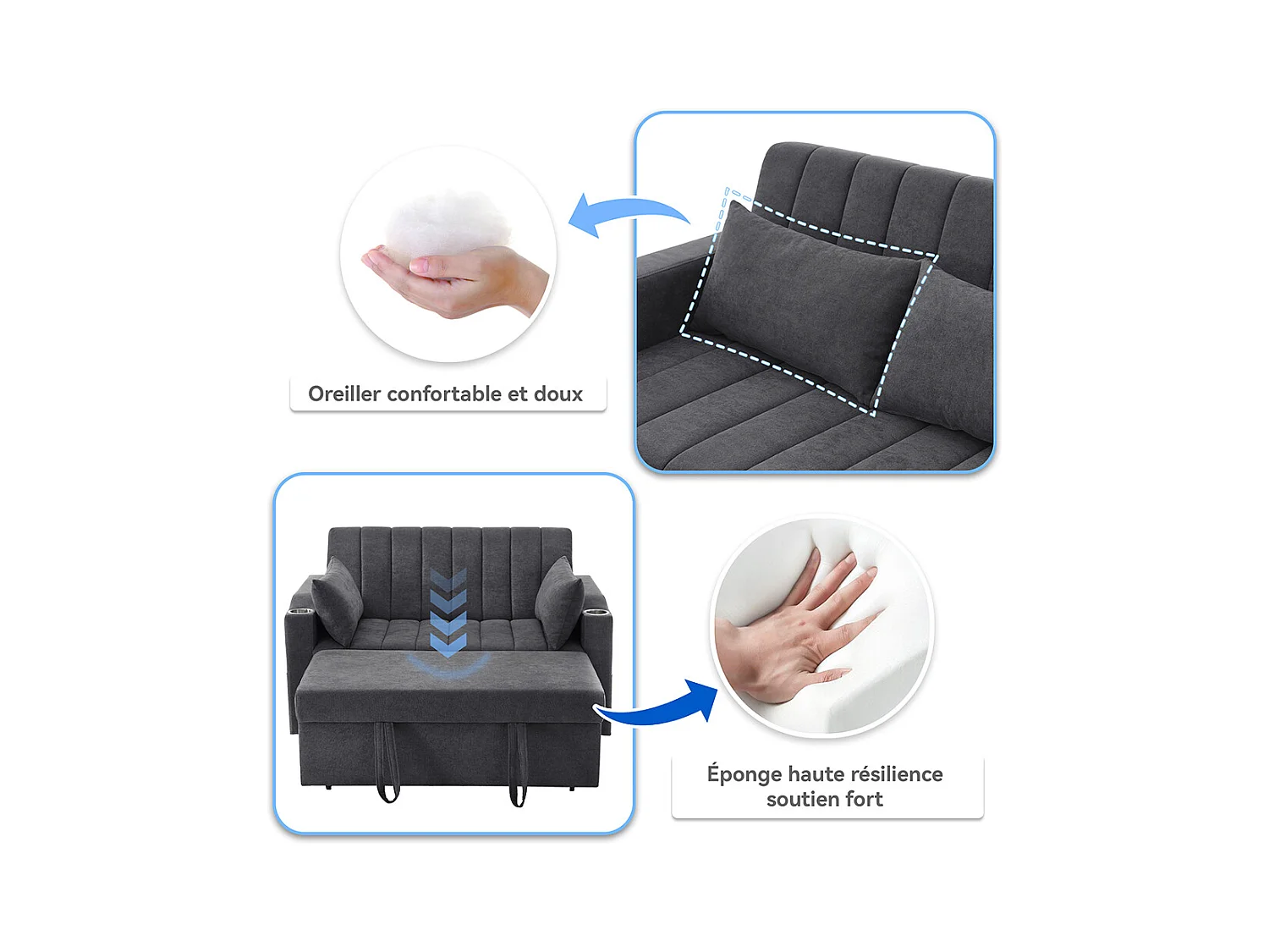 Canapé convertible 2 places avec fonction couchage avec dossier réglable avec porte-gobelets et coussins gris