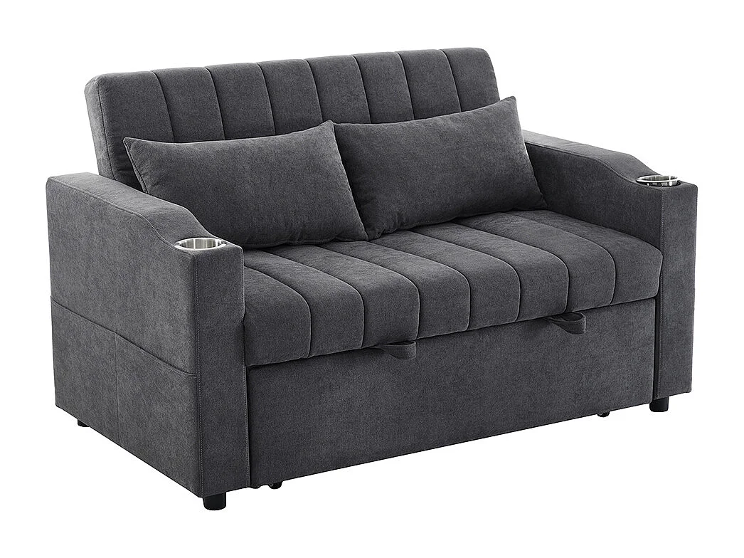 Canapé convertible 2 places avec fonction couchage avec dossier réglable avec porte-gobelets et coussins gris