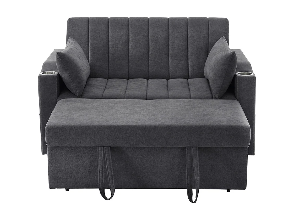 Canapé convertible 2 places avec fonction couchage avec dossier réglable avec porte-gobelets et coussins gris