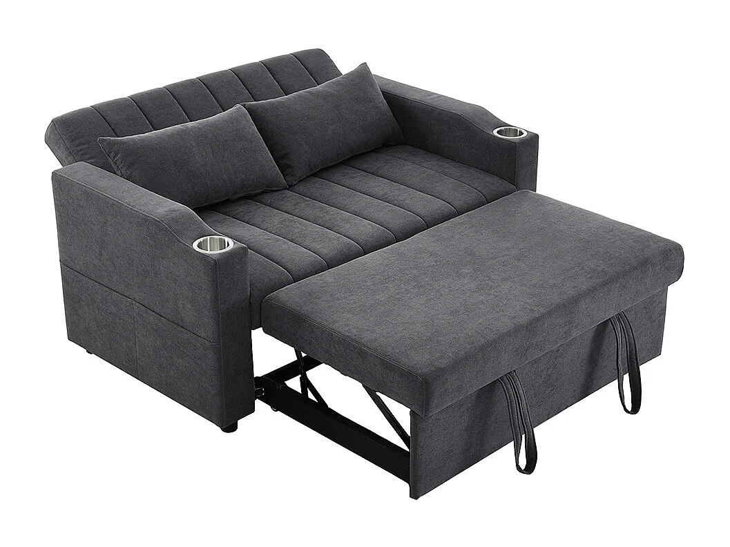 Canapé convertible 2 places avec fonction couchage avec dossier réglable avec porte-gobelets et coussins gris