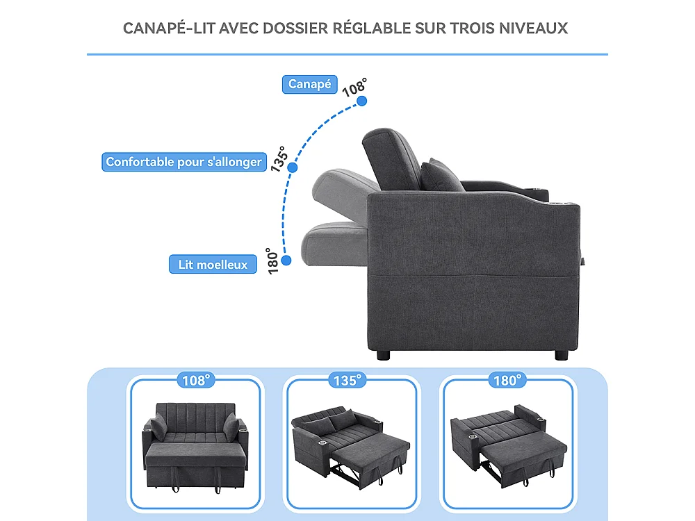 Canapé convertible 2 places avec fonction couchage avec dossier réglable avec porte-gobelets et coussins gris