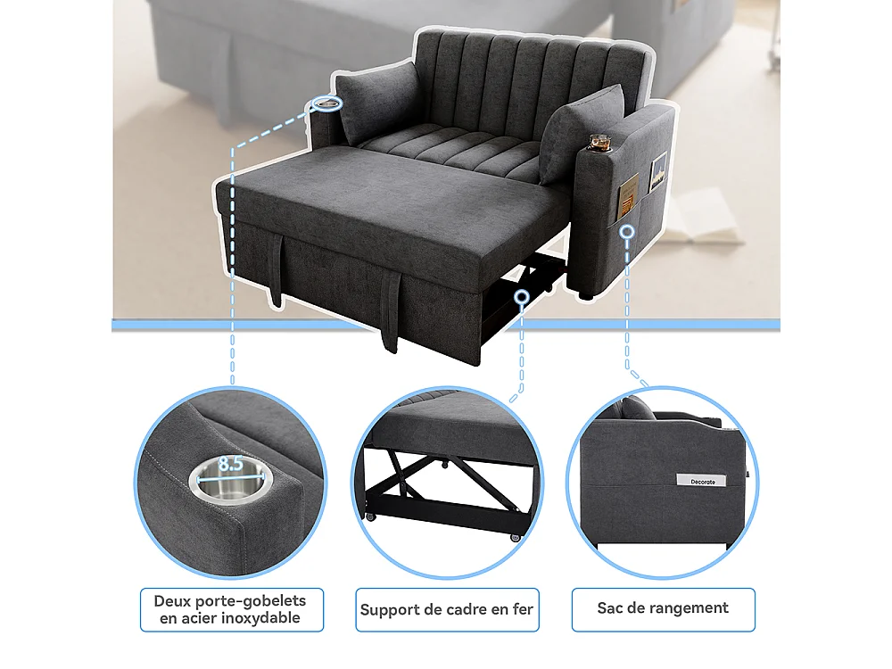 Canapé convertible 2 places avec fonction couchage avec dossier réglable avec porte-gobelets et coussins gris