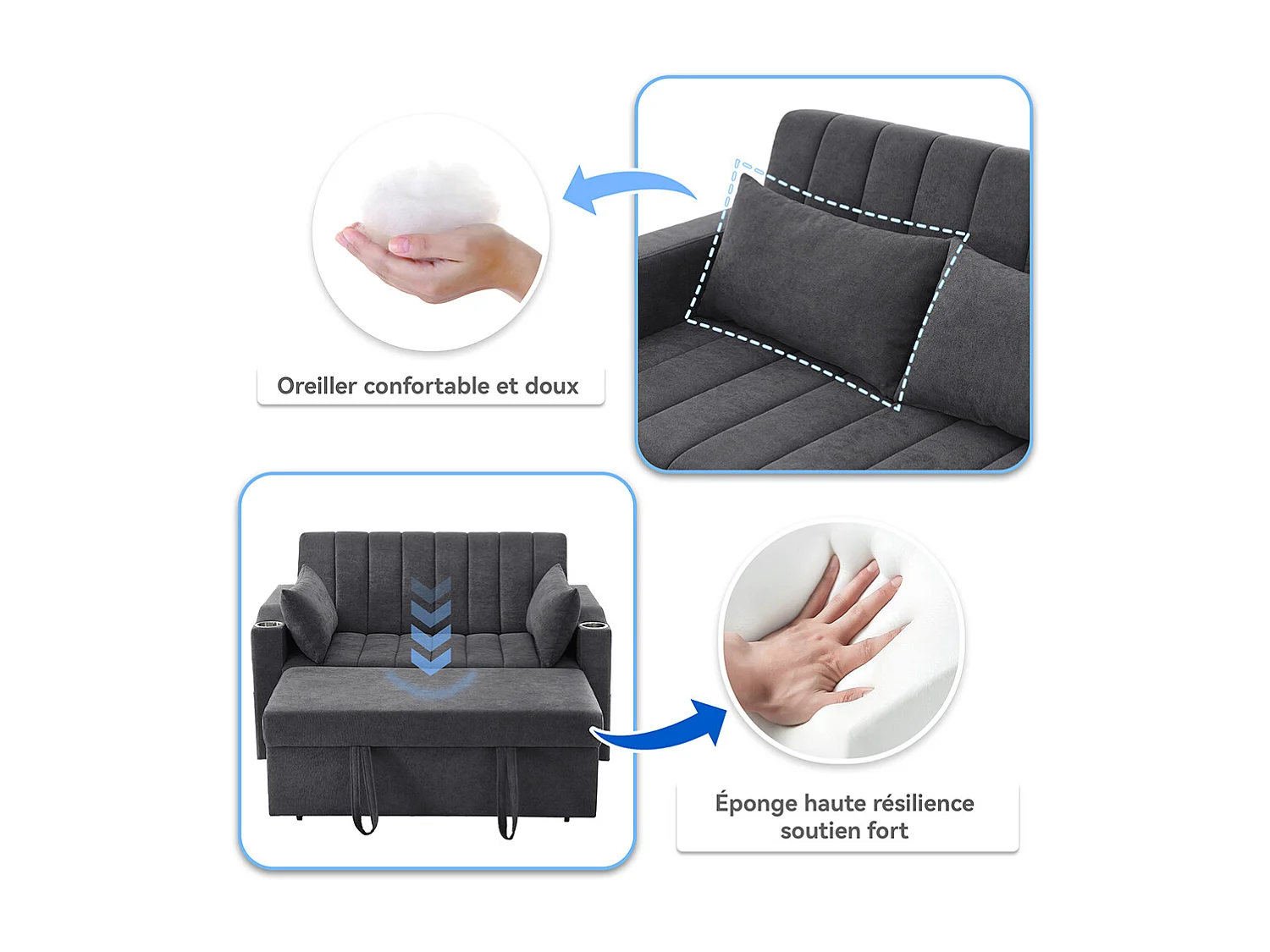 Canapé convertible 2 places avec fonction couchage avec dossier réglable avec porte-gobelets et coussins gris