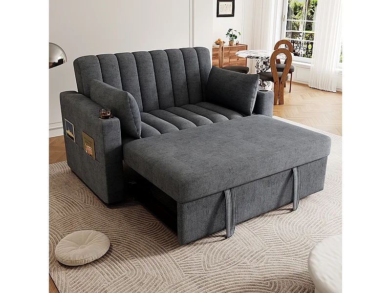 Canapé convertible 2 places avec fonction couchage avec dossier réglable avec porte-gobelets et coussins gris