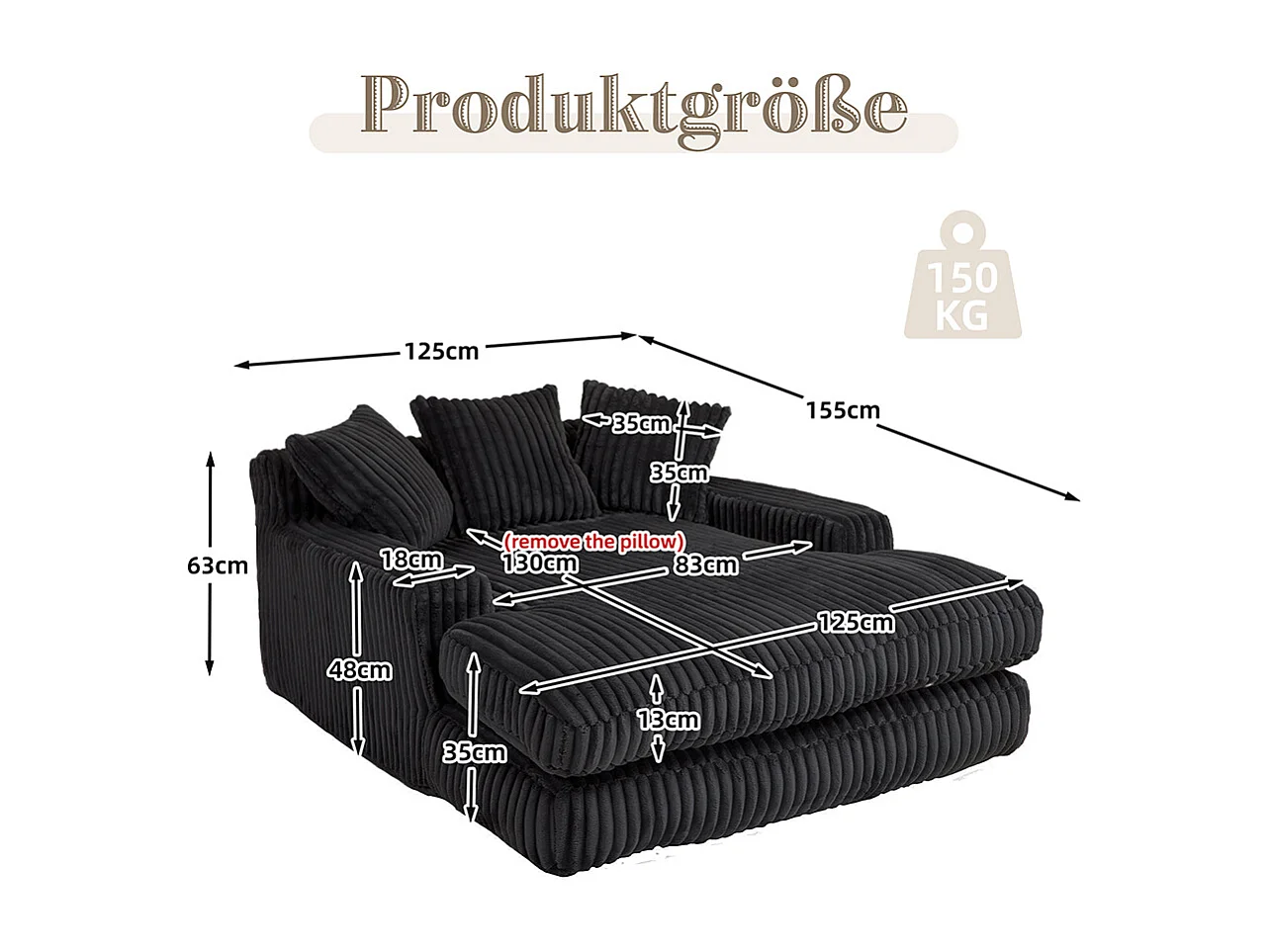 Canapé 1 place velours côtelé cloud couch 3 coussins moelleux salon bureau noir