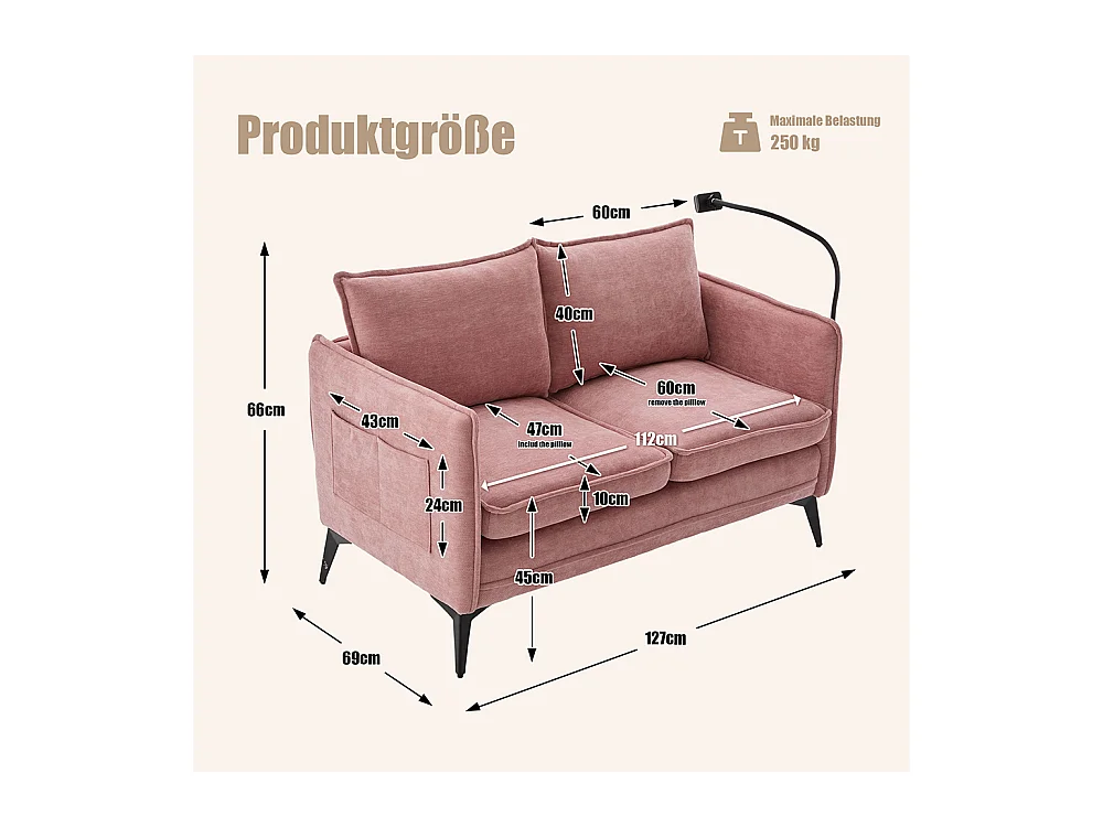 Canapé double moderne tissu poche rangement support téléphone réglable salon balcon rose