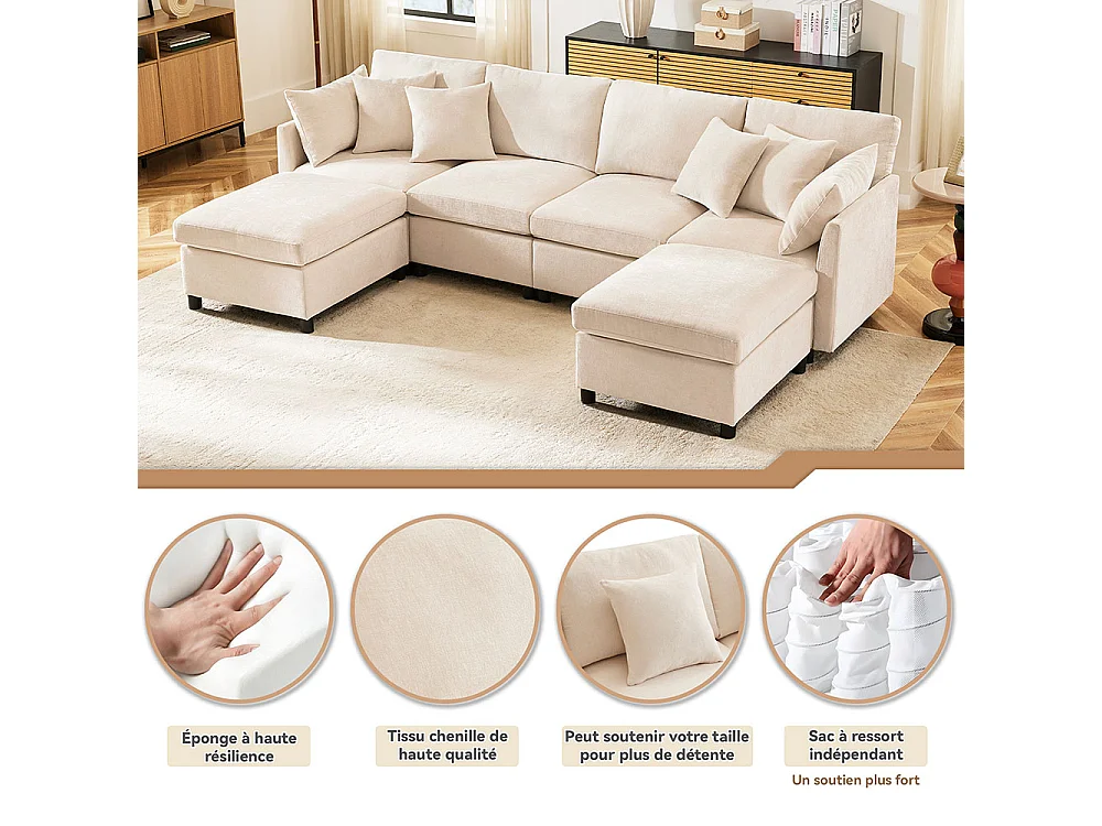 Canape d'angle en tissu chenille avec repose-pieds amovible canapé quatre places canapé d'angle en L canapé en U canapé modulable beige