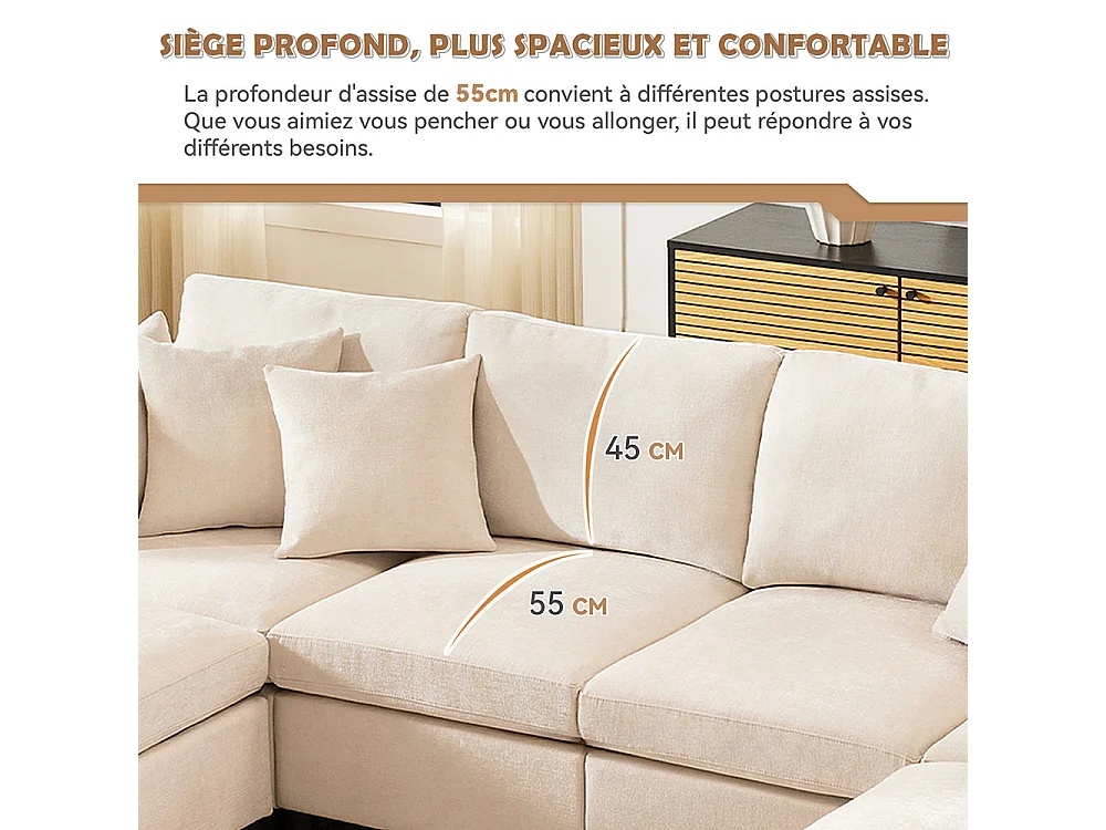 Canape d'angle en tissu chenille avec repose-pieds amovible canapé quatre places canapé d'angle en L canapé en U canapé modulable beige