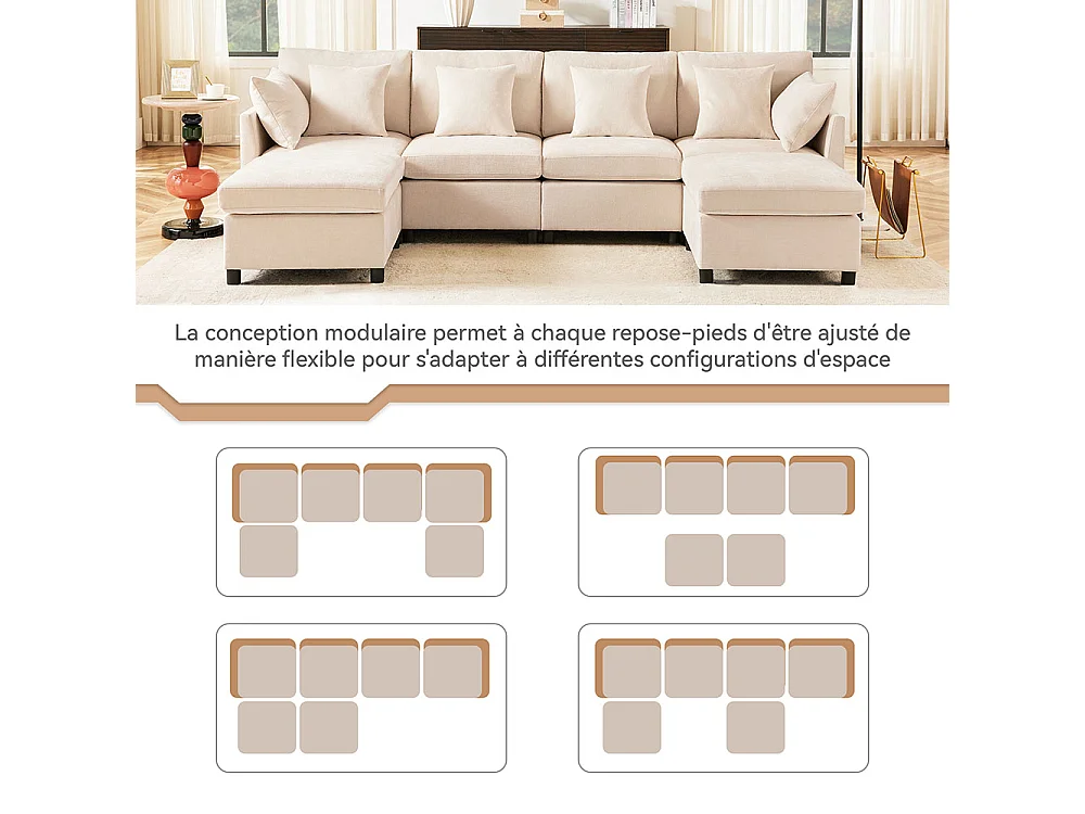 Canape d'angle en tissu chenille avec repose-pieds amovible canapé quatre places canapé d'angle en L canapé en U canapé modulable beige
