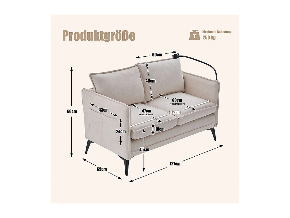 Canapé double moderne tissu poche rangement support téléphone réglable salon balcon beige