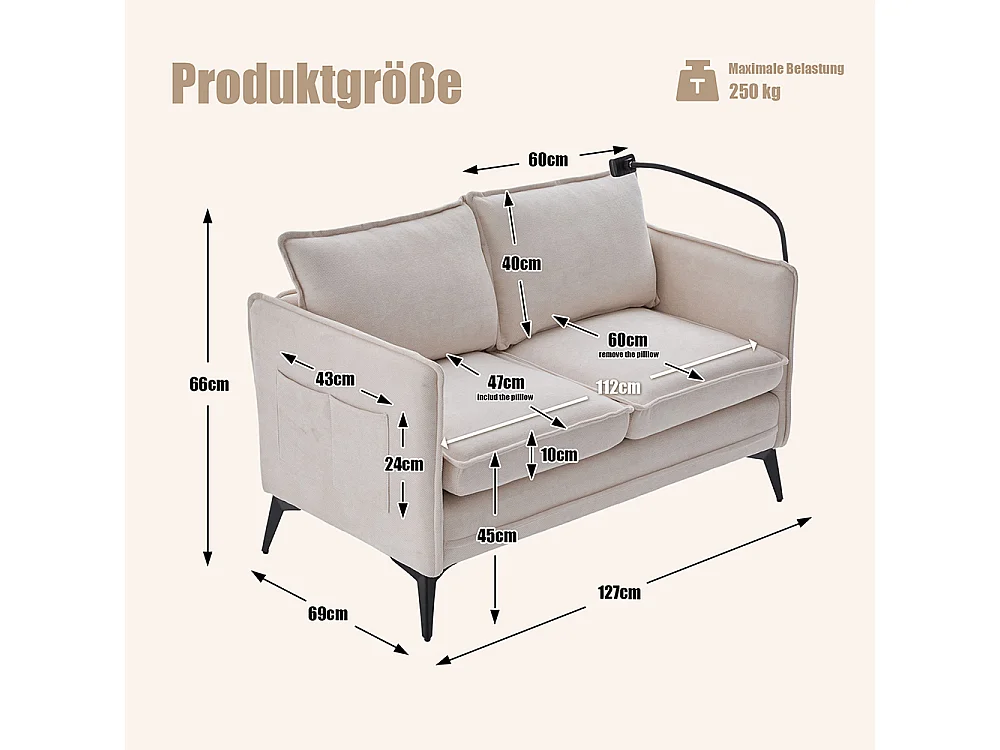 Canapé double moderne tissu poche rangement support téléphone réglable salon balcon beige