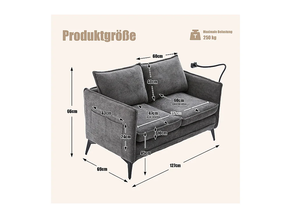 Canapé double moderne tissu poche rangement support téléphone réglable salon balcon gris