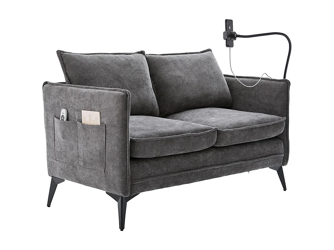 Canapé double moderne tissu poche rangement support téléphone réglable salon balcon gris