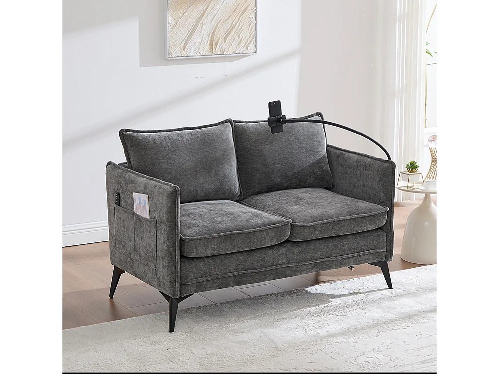 Canapé double moderne tissu poche rangement support téléphone réglable salon balcon gris