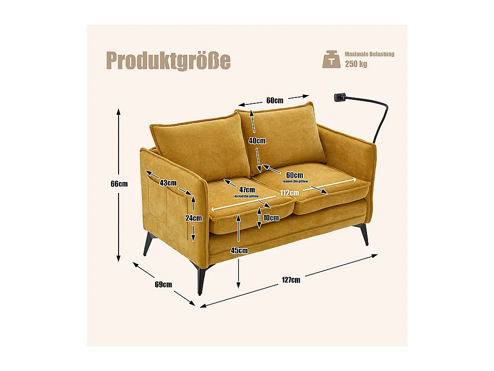 Canapé double moderne tissu poche rangement support téléphone réglable salon balcon jaune