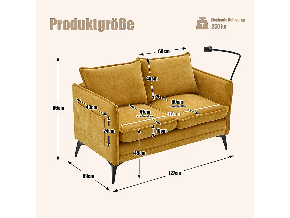 Canapé double moderne tissu poche rangement support téléphone réglable salon balcon jaune