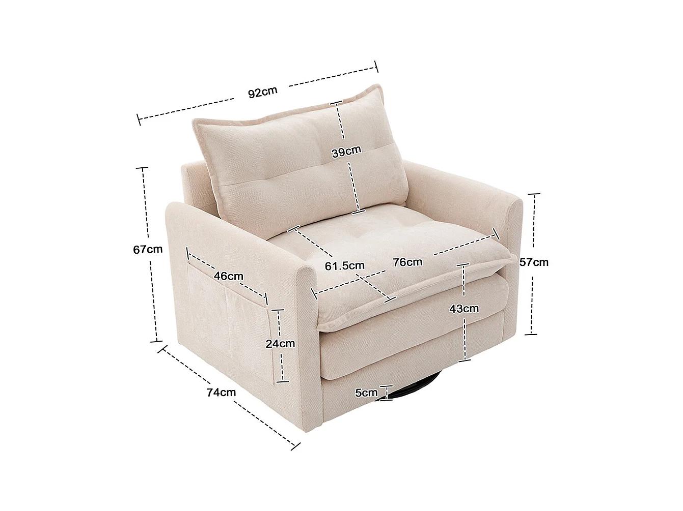 Fauteuil pivotant 360 degrés accoudoirs grand confortable salon bureau détente coussins beige
