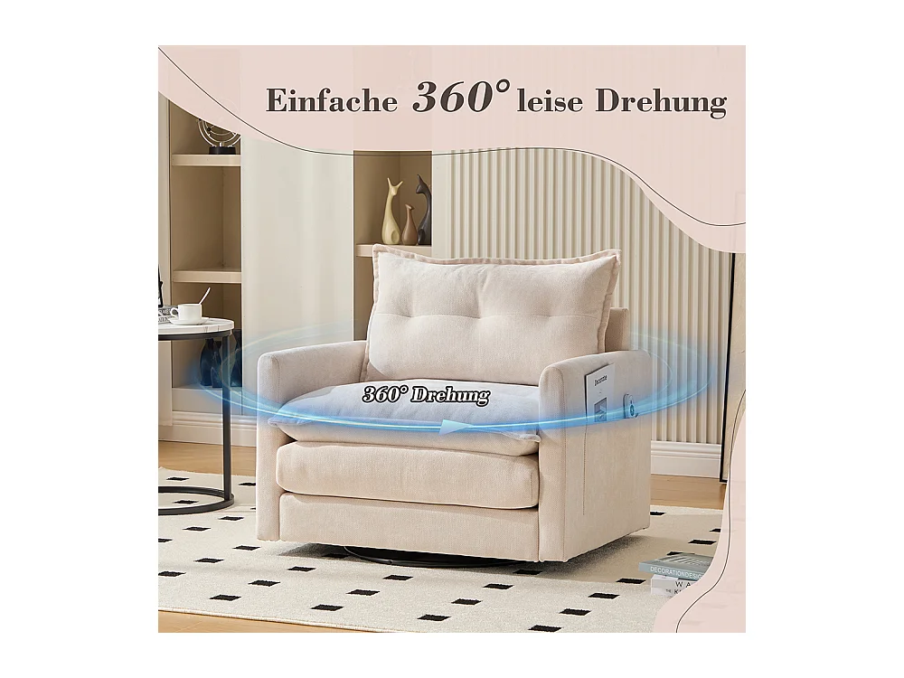 Fauteuil pivotant 360 degrés accoudoirs grand confortable salon bureau détente coussins beige