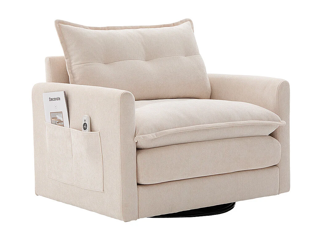 Fauteuil pivotant 360 degrés accoudoirs grand confortable salon bureau détente coussins beige