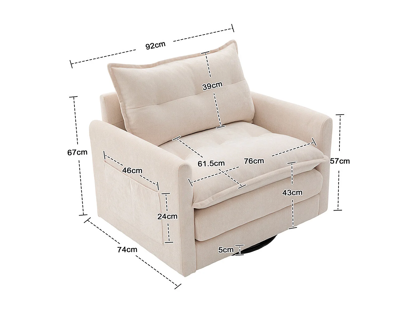 Fauteuil pivotant 360 degrés accoudoirs grand confortable salon bureau détente coussins beige