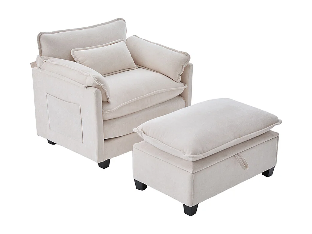 Fauteuil géant velours beige avec repose-pieds et rangement intégré beige