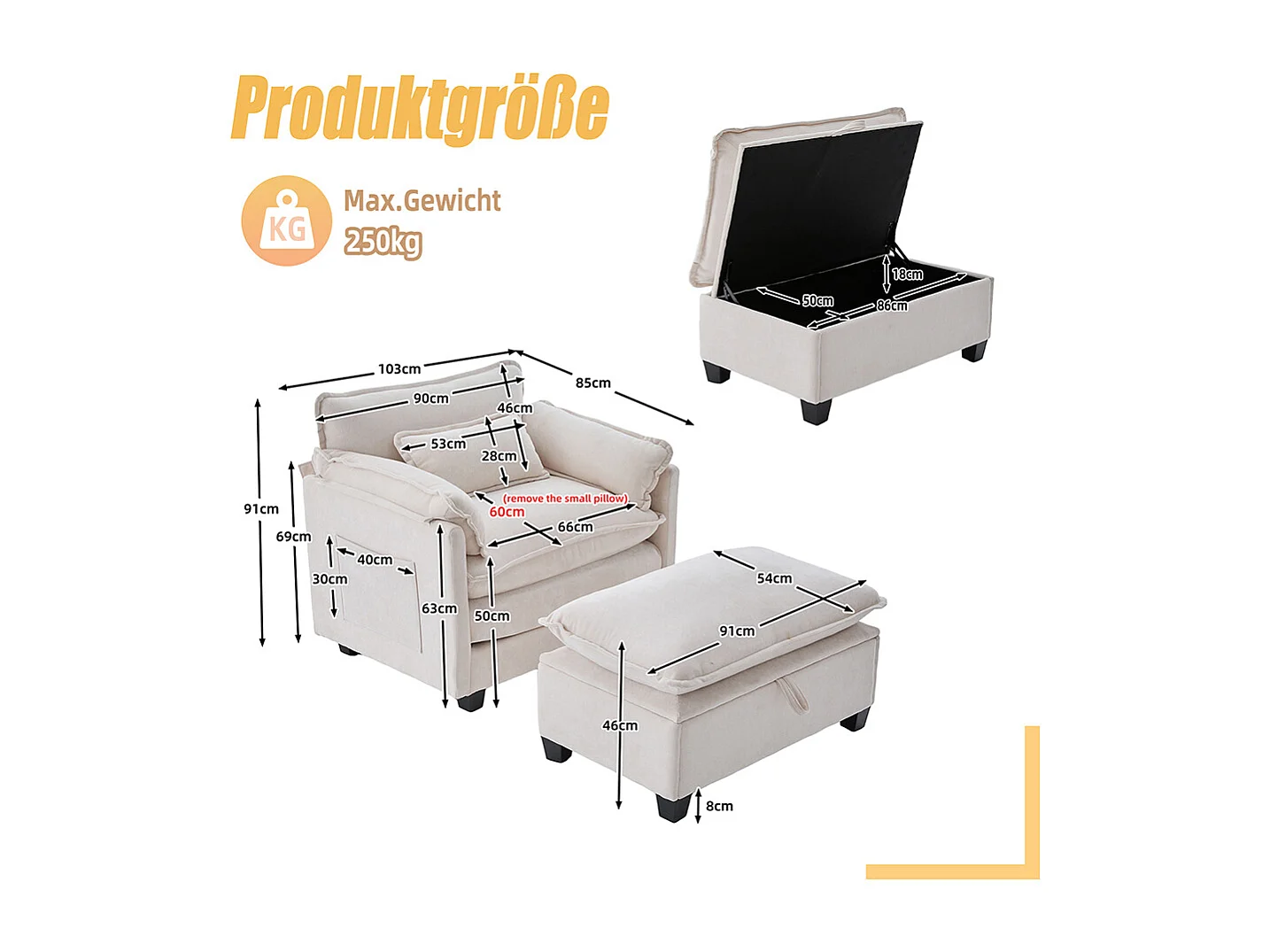 Fauteuil géant velours beige avec repose-pieds et rangement intégré beige