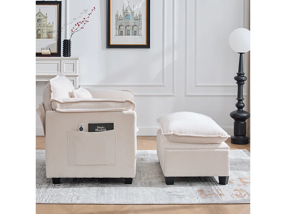 Fauteuil géant velours beige avec repose-pieds et rangement intégré beige