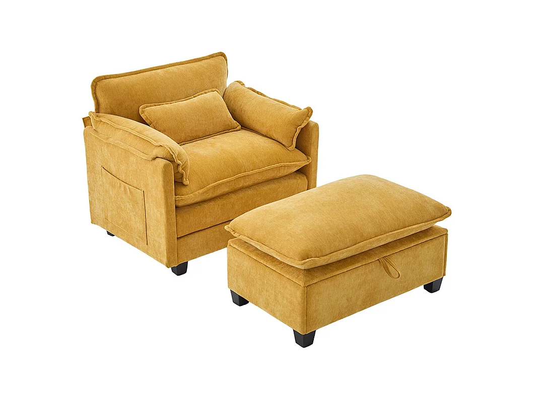 Fauteuil géant velours beige avec repose-pieds et rangement intégré jaune