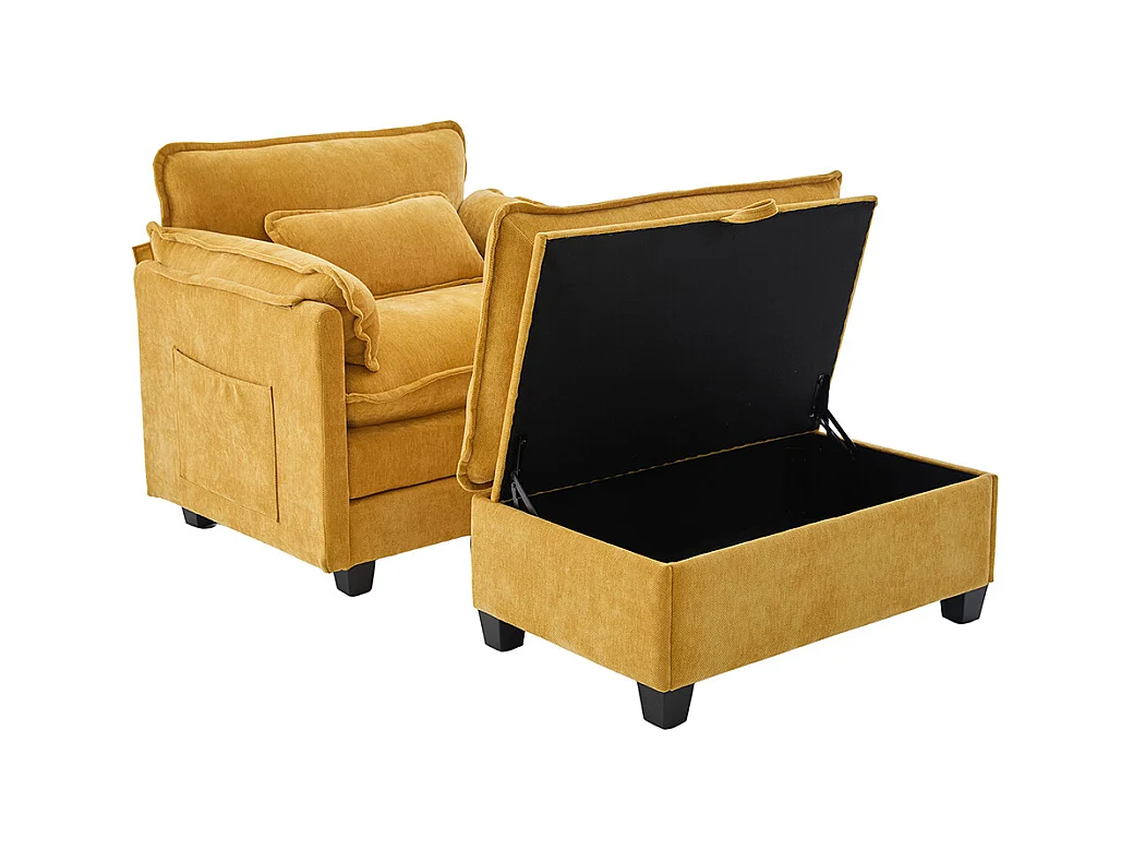 Fauteuil géant velours beige avec repose-pieds et rangement intégré jaune