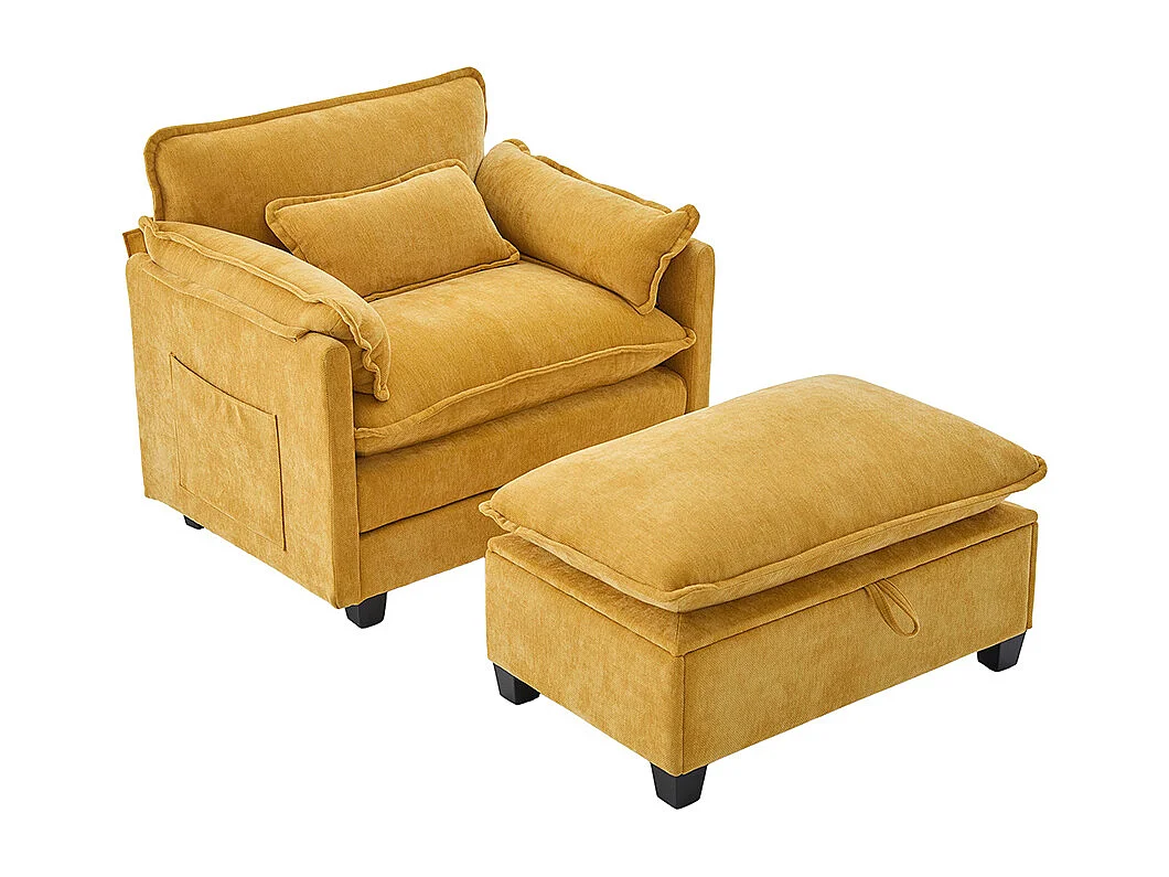 Fauteuil géant velours beige avec repose-pieds et rangement intégré jaune