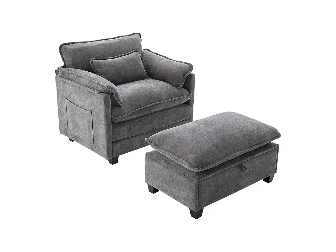 Fauteuil géant velours beige avec repose-pieds et rangement intégré gris