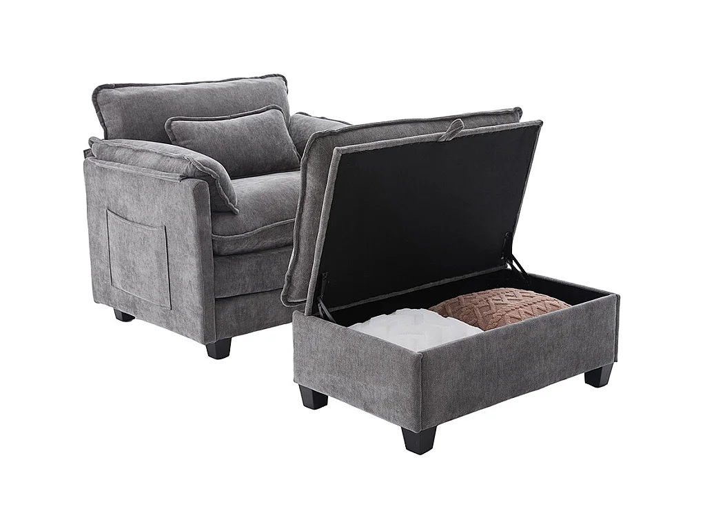 Fauteuil géant velours beige avec repose-pieds et rangement intégré gris