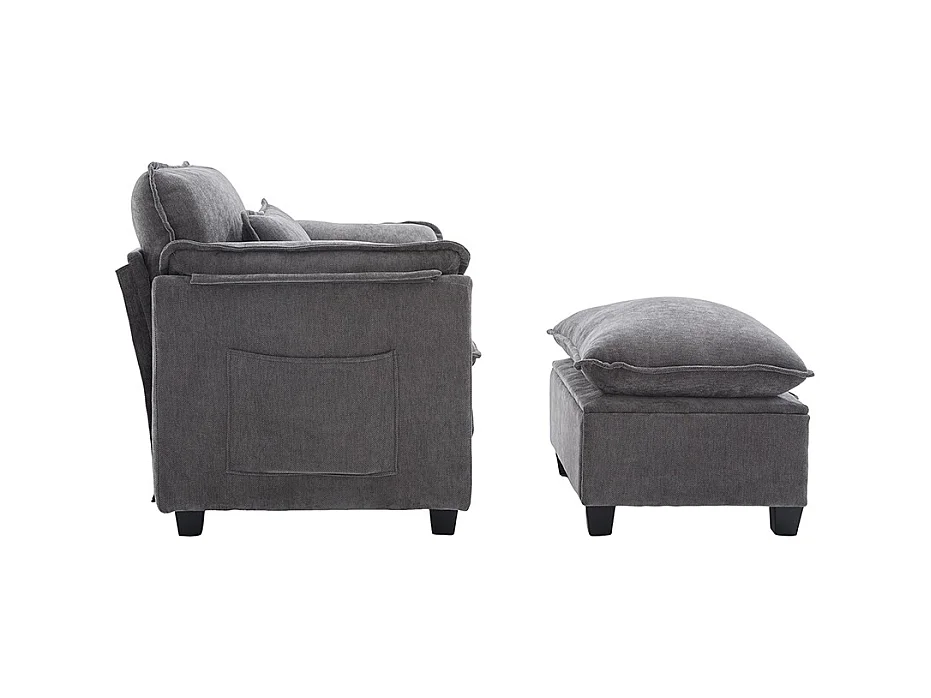 Fauteuil géant velours beige avec repose-pieds et rangement intégré gris
